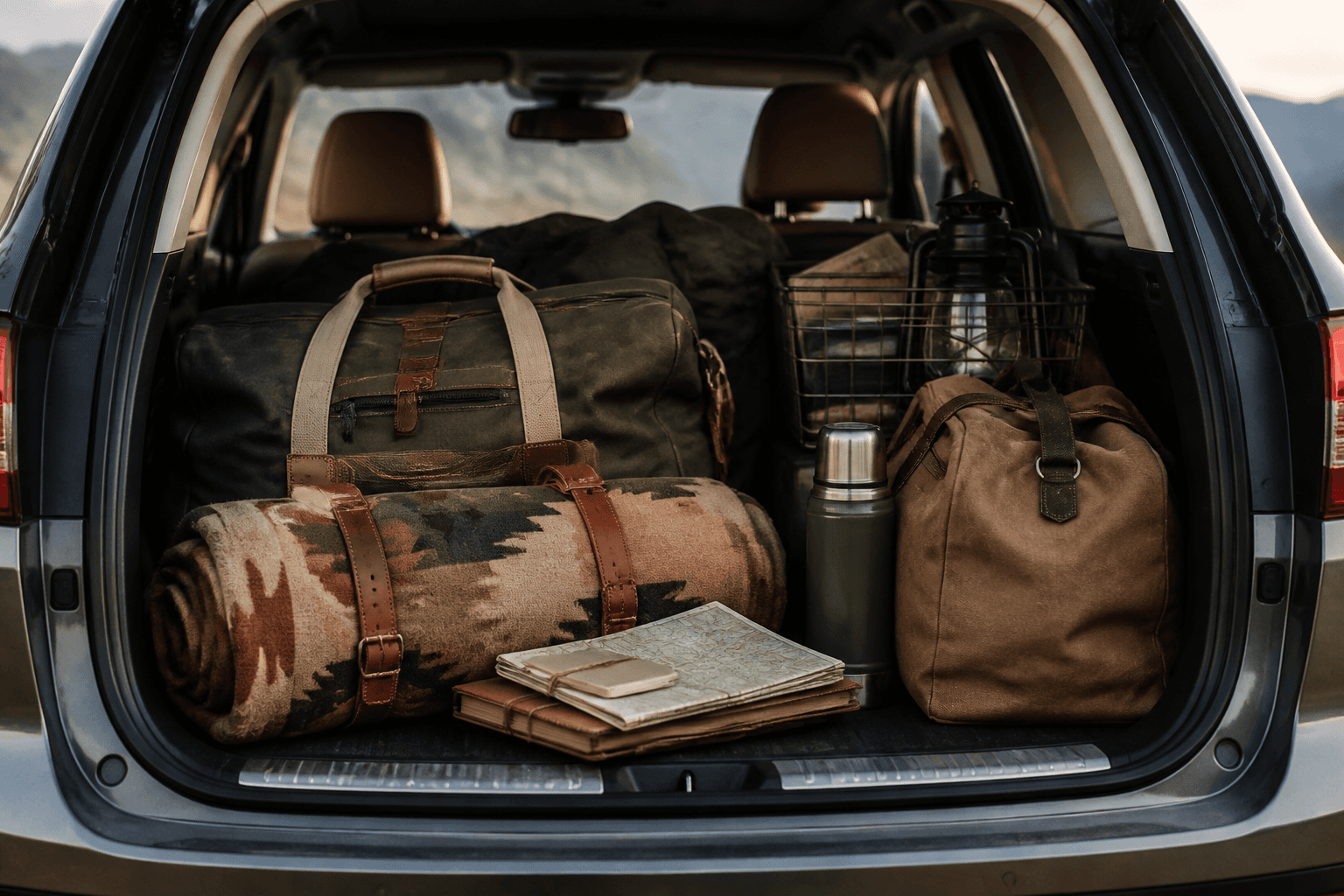 Packed road-trip bags and maps in a car trunk