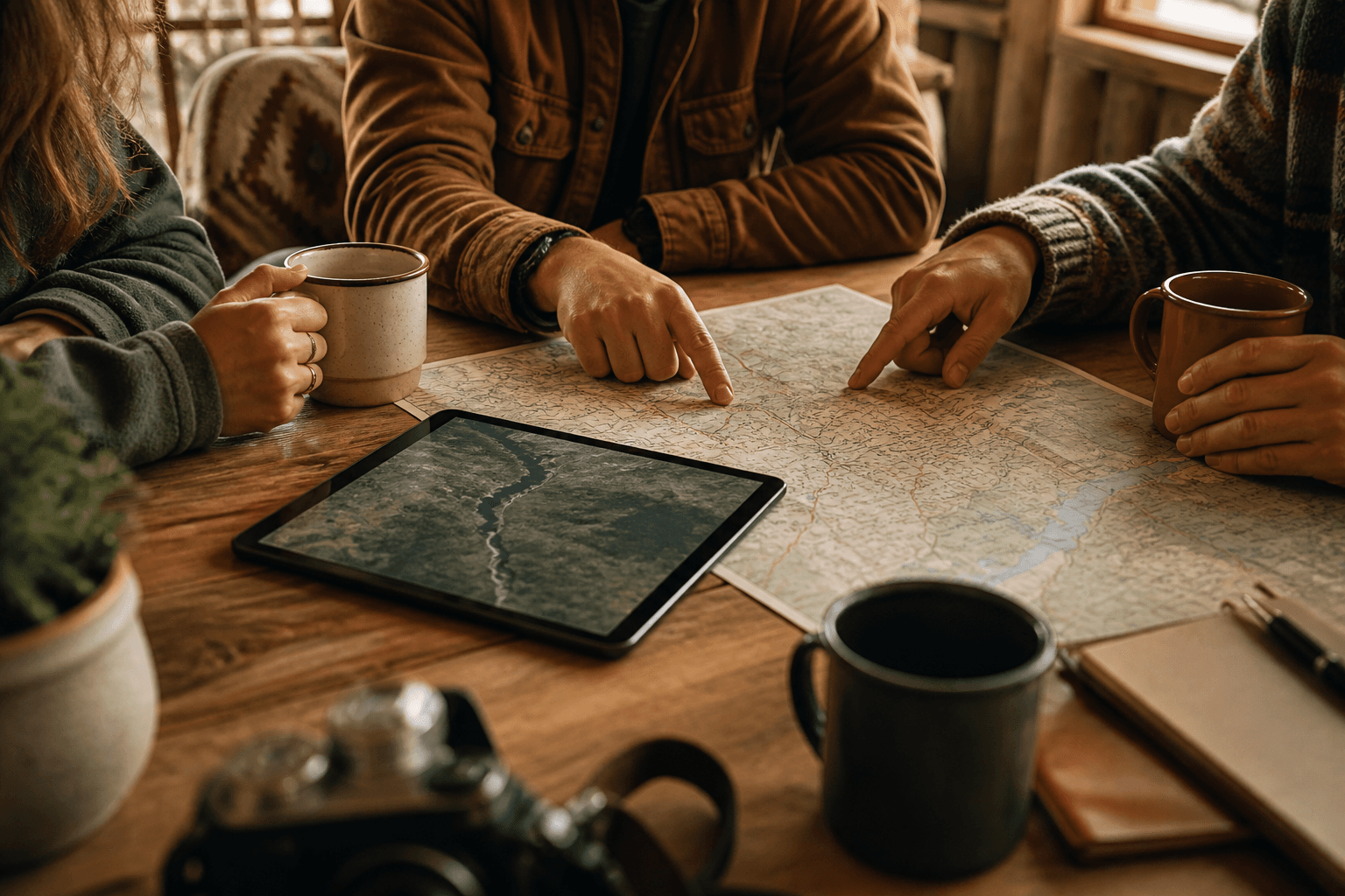 Shared maps and coffee on a cabin table for trip planning