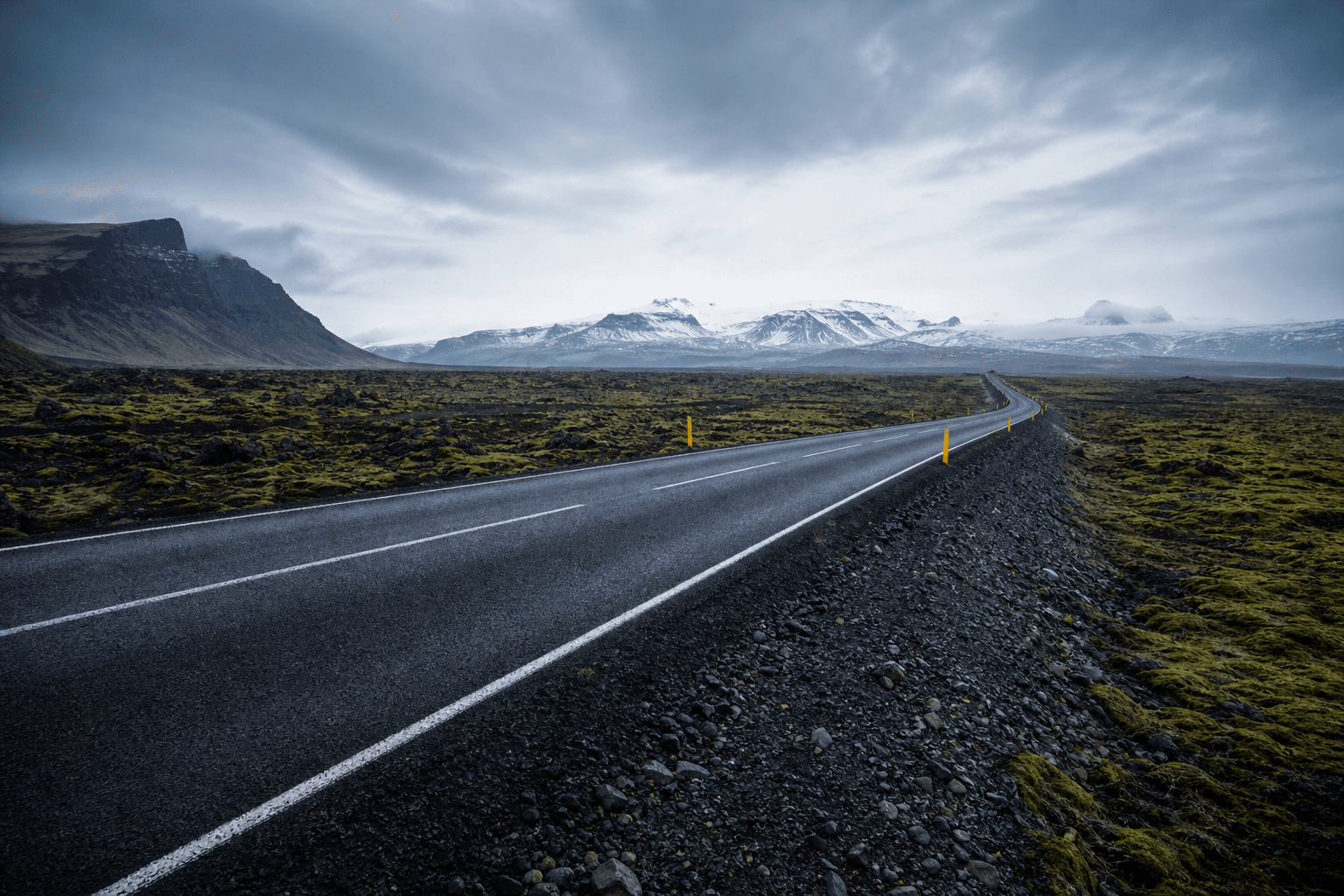 Iceland Ring Road through mossy lava fields and mountains