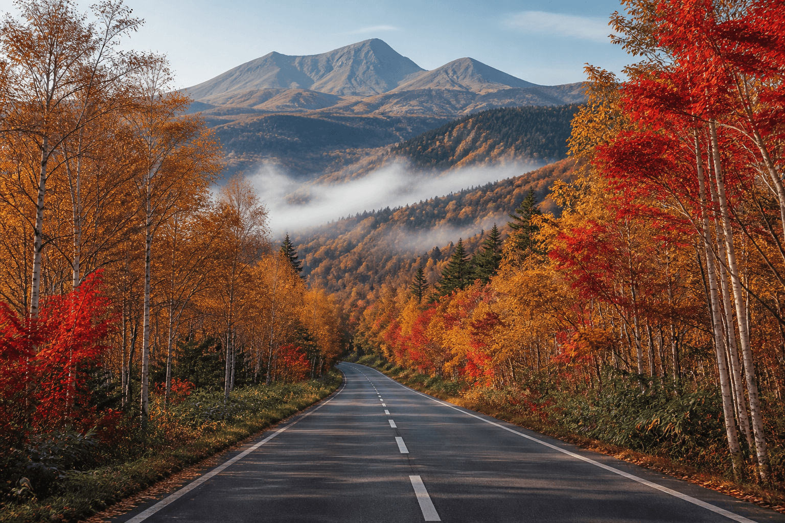 Mountain road through autumn birch forest in Hokkaido