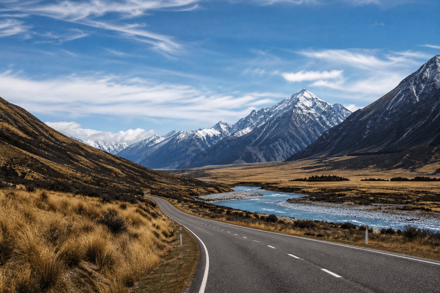 South Island highway toward Southern Alps peaks