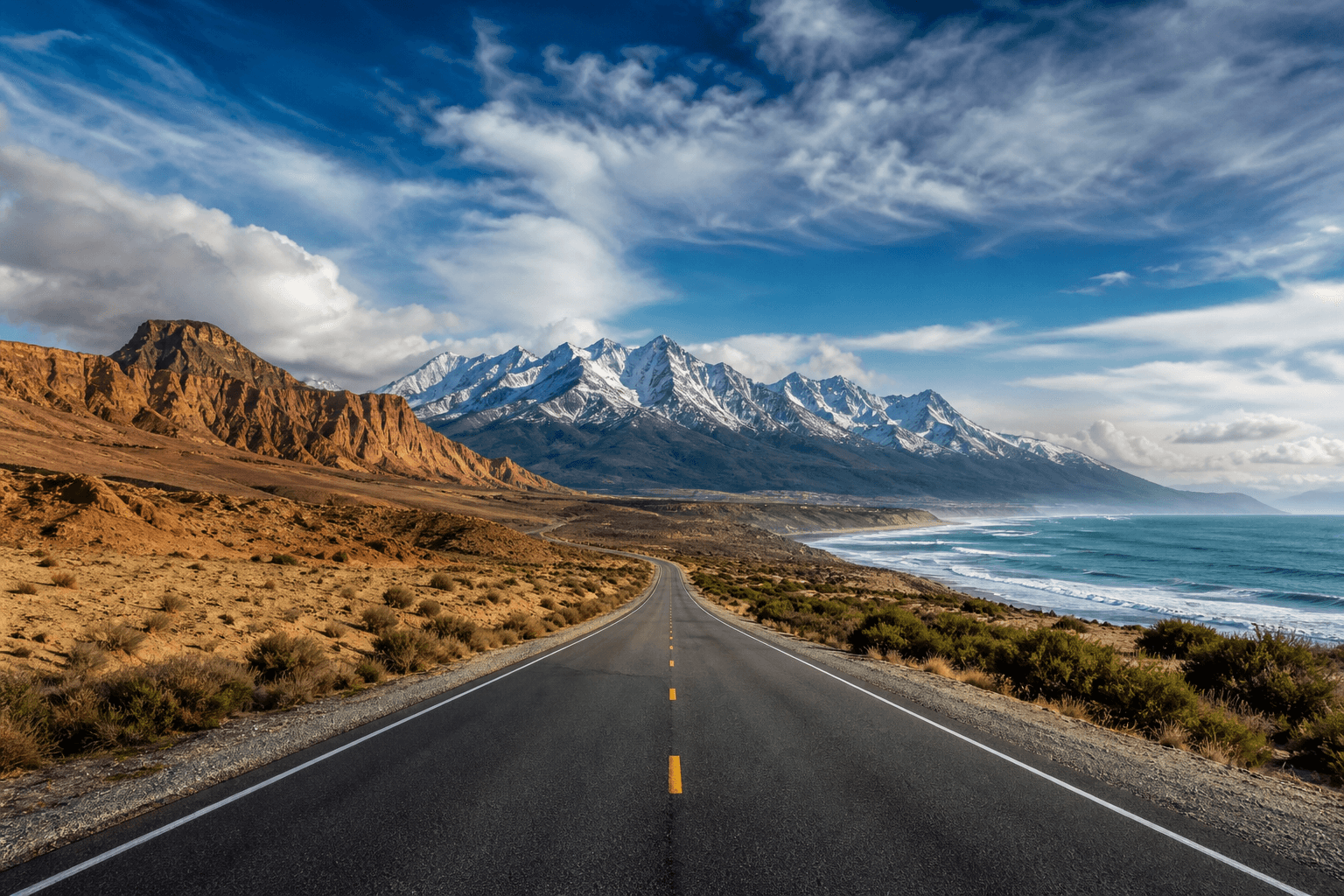 Open road through varied terrain under a wide sky